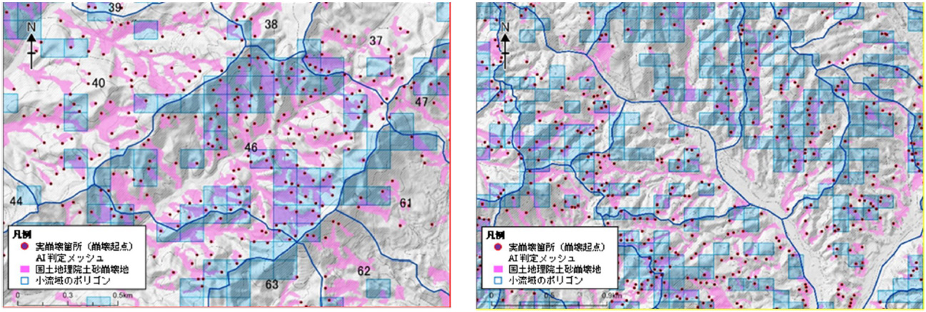 AI解析による崩壊判定結果（青枠）と実際の崩壊箇所（赤ポイント）の対応を示した図